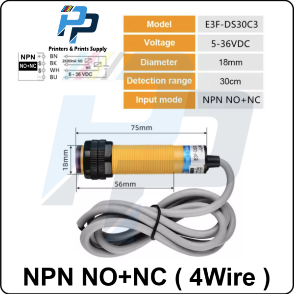 E3F-DS30C3 NPN photoelectric proximity sensor with an adjustable detection range of 10-30cm with both Normally Open (NO) and Normally Closed (NC) outputs.