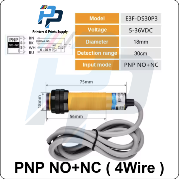 E3F-DS30P3 photoelectric proximity switch/sensor with an adjustable detection range of 10-30cm and a PNP Normally Open (NO) and Normally Closed (NC) 4-wire output