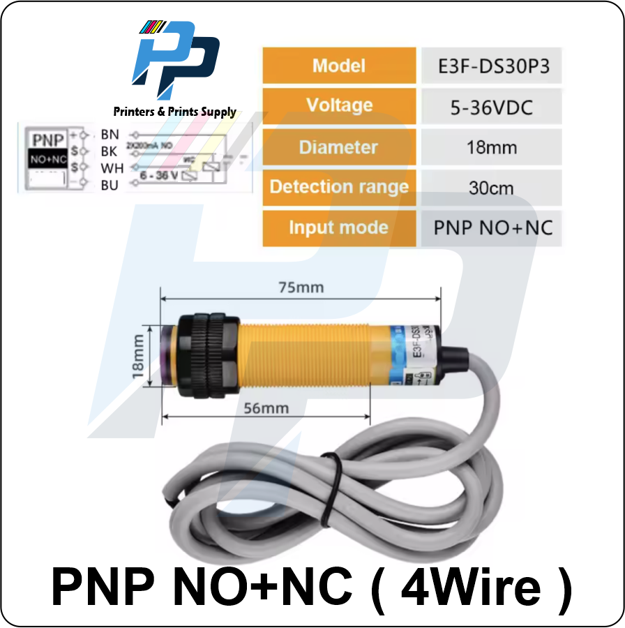 E3F-DS30P3 photoelectric proximity switch/sensor with an adjustable detection range of 10-30cm and a PNP Normally Open (NO) and Normally Closed (NC) 4-wire output